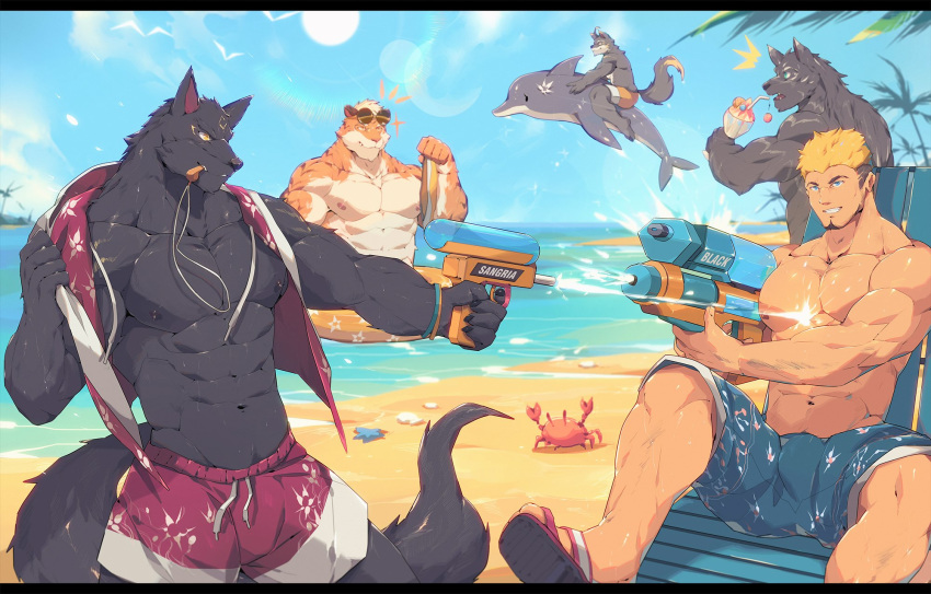2019 abs anthro beach biceps bikini bottomwear canid canine canis cetacean clothed clothing delphinoid digital_media_(artwork) eyewear felid fur group hair hi_res human kemono male mammal marine muscular muscular_male nipples outside pantherine pecs seaside sky summer sunglasses swimwear tengo tiger toothed_whale topless wolf