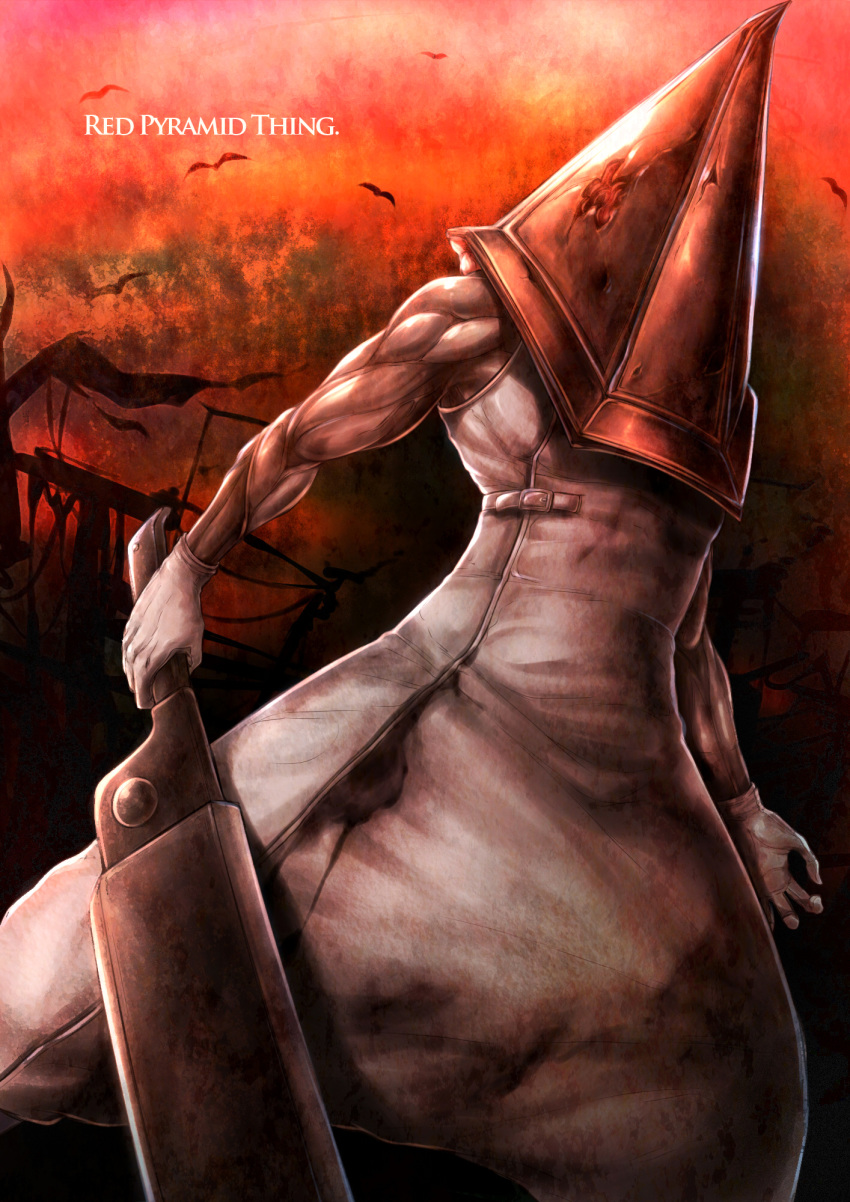 1boy apron bird commentary_request gloves great_knife hat helmet highres male_focus monster muscle no_humans pyramid_head silent_hill_2 solo sword uro_(uroboros) weapon