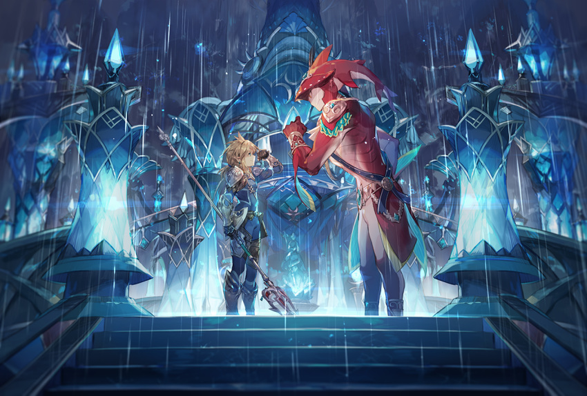 1boy 2boys alternate_costume armor boots bracelet clenched_hand eye_contact head_fins holding holding_weapon jewelry link looking_at_another multiple_boys palace polearm ponytail rain sash scorpion5050 shoulder_armor sidon smile standing the_legend_of_zelda the_legend_of_zelda:_breath_of_the_wild trident weapon wet zora