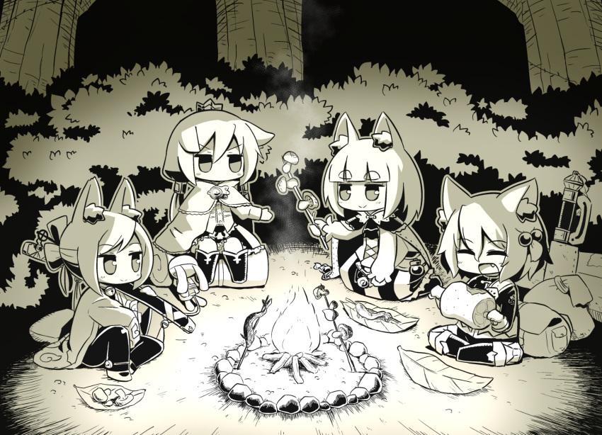 4girls 7th_dragon 7th_dragon_(series) :d animal_ear_fluff animal_ears bangs belt blunt_bangs blush bodysuit boned_meat boots bubble_skirt bush campfire cape cat_ears closed_eyes closed_mouth commentary_request crown eyebrows_visible_through_hair fang fire food frilled_skirt frills gloves hair_between_eyes hair_bobbles hair_ornament harukara_(7th_dragon) highres holding holding_food holding_sheath ikurakun_(7th_dragon) jacket katana knee_boots leaf long_sleeves meat mini_crown momomeno_(7th_dragon) monochrome multiple_girls naga_u namuna_(7th_dragon) nature night one_side_up open_clothes open_mouth outdoors over_shoulder samurai_(7th_dragon_series) seiza sheath sheathed shirt shoes short_eyebrows sitting skirt smile sword sword_over_shoulder thick_eyebrows tree v-shaped_eyebrows weapon weapon_over_shoulder wide_sleeves