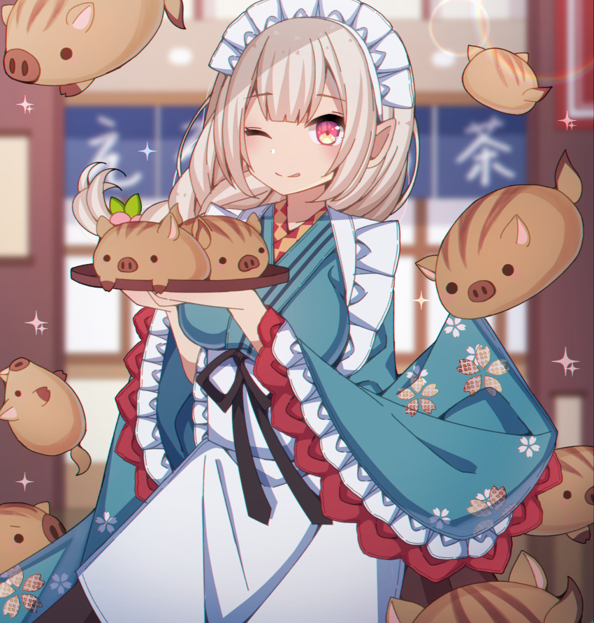 1girl ;p absurdres animal apron bangs black_ribbon blue_kimono blurry blurry_background blush boar braid breasts closed_mouth depth_of_field elf elu_(nijisanji) eyebrows_visible_through_hair floral_print hands_up highres holding holding_tray japanese_clothes kimono light_brown_hair long_hair long_sleeves looking_at_viewer medium_breasts nijisanji one_eye_closed pointy_ears print_kimono red_eyes ribbon sapphire_(sapphire25252) single_braid smile solo sparkle tongue tongue_out tray virtual_youtuber waist_apron white_apron wide_sleeves