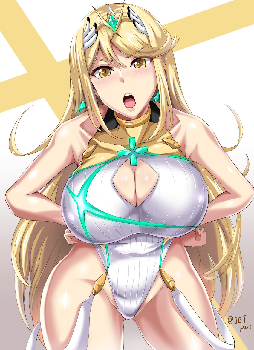 1girl absurdres arm_up armpits bangs bare_shoulders blonde_hair breasts commentary_request covered_navel earrings eyebrows_visible_through_hair gem hair_ornament heart highres hikari_(xenoblade_2) jet_(pw3234) jewelry large_breasts long_hair looking_at_viewer one-piece_swimsuit open_mouth sitting staring swept_bangs swimsuit thigh_gap thighs tiara tsundere wet xenoblade_(series) xenoblade_2 yellow_eyes