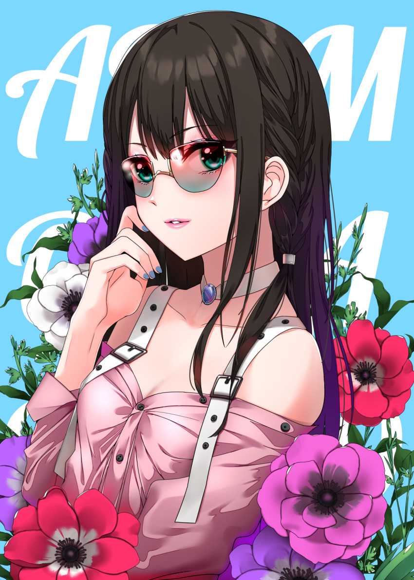 1girl anemone_(flower) bangs belt belt_buckle black_hair blue_background braid breasts buckle choker cleavage collarbone finger_to_cheek flower green_eyes hair_over_shoulder hair_tie highres idolmaster idolmaster_cinderella_girls lips long_hair long_sleeves maou(demonlord) nail_polish off-shoulder_shirt off_shoulder pink_shirt purple_flower red_flower shibuya_rin shirt sidelocks small_breasts smile solo sunglasses upper_body white_flower