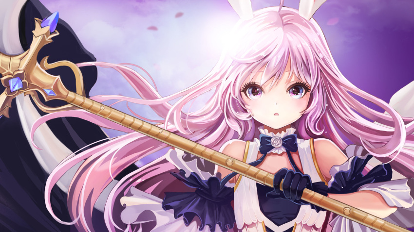 1girl animal_ears artist_request black_dress black_gloves bunny_ears dress elin_(tera) gloves highres long_hair official_art open_mouth pink_eyes pink_hair solo staff tera_online upper_body weapon white_dress wind