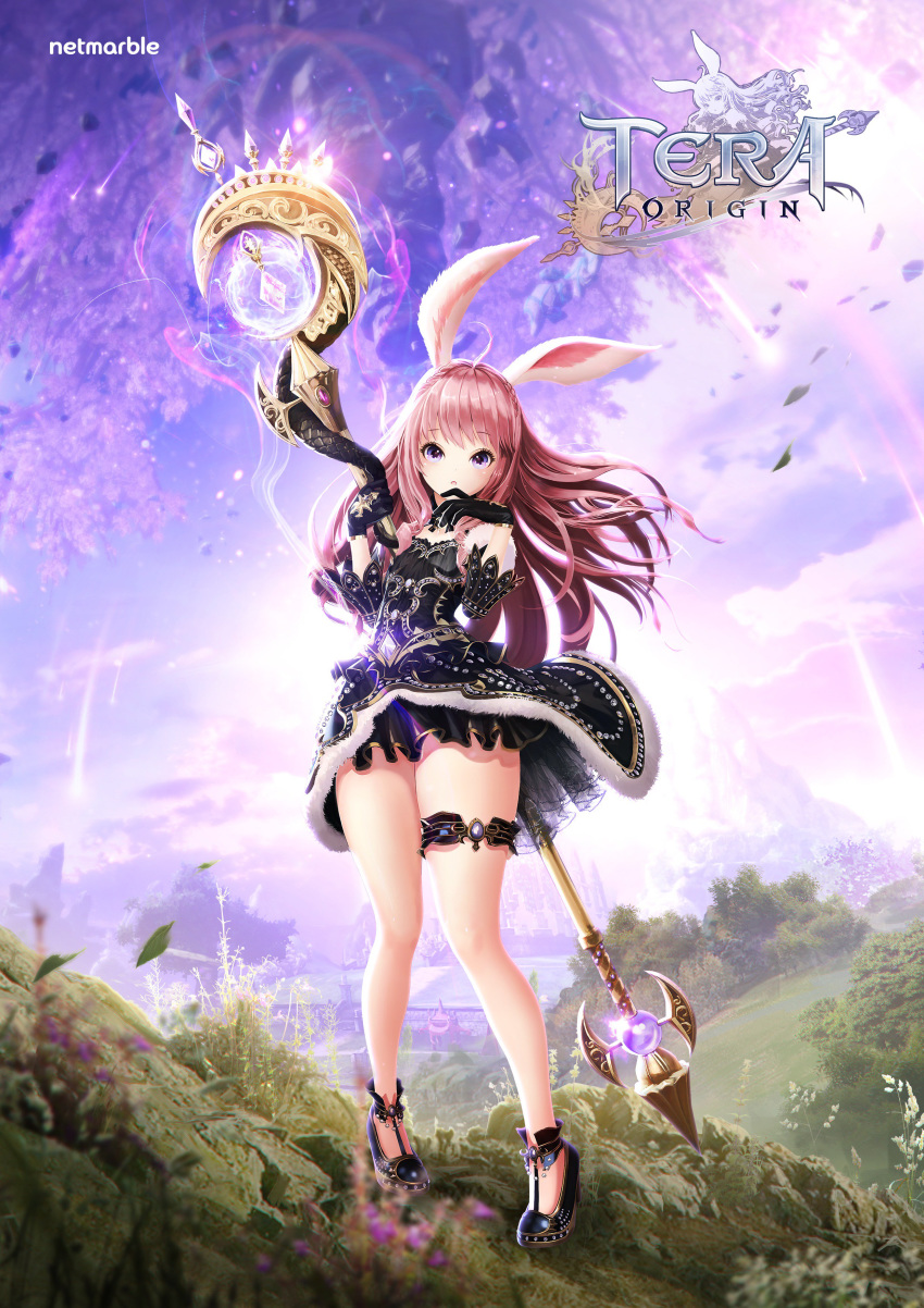 1girl absurdres animal_ears artist_request black_dress black_footwear black_gloves brown_hair bunny_ears commentary_request copyright_name crystal dress elin_(tera) full_body gloves hand_to_own_mouth high_heels highres legs long_hair official_art open_mouth outdoors pink_eyes shoes short_dress solo staff tera_online thigh_strap thighs weapon wind