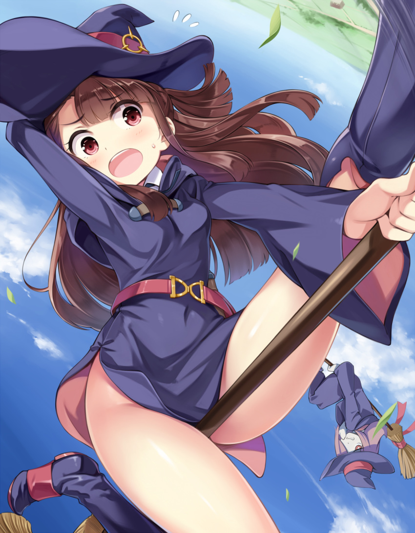2girls arms_behind_head ass bangs belt blue_sky blush breasts broom broom_riding brown_eyes brown_hair cloud commentary_request eyebrows_visible_through_hair flying flying_sweatdrops hair_between_eyes hair_over_one_eye hat highres holding kagari_atsuko lavender_hair little_witch_academia long_hair looking_at_viewer luna_nova_school_uniform multiple_girls open_mouth outdoors pale_skin red_eyes school_uniform sky small_breasts smile sucy_manbavaran sweatdrop thighs wide_sleeves witch witch_hat yokaze_japan