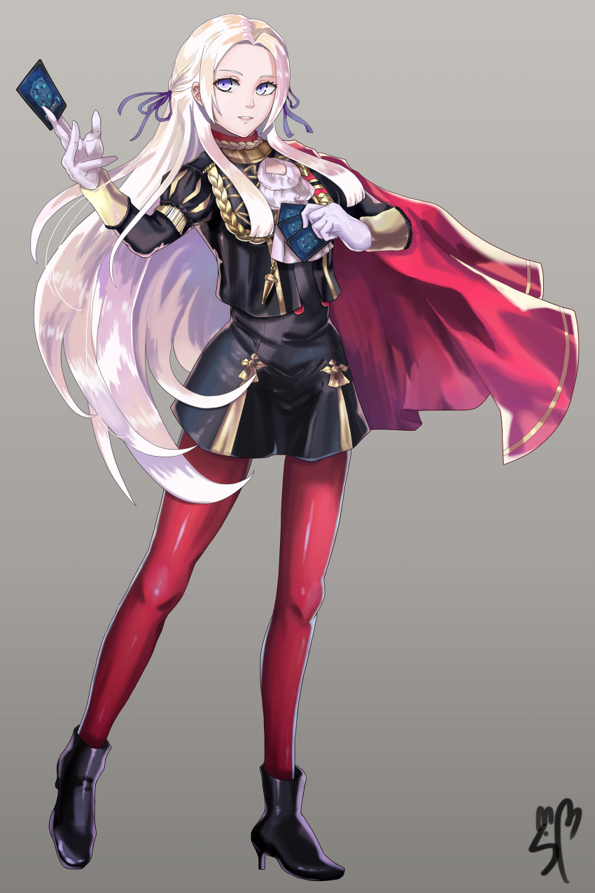 1girl absurdres blonde_hair blue_eyes cape card cravat edelgard_von_hresvelgr_(fire_emblem) fire_emblem fire_emblem:_fuukasetsugetsu fire_emblem_cipher gloves grey_background hair_ornament hair_ribbon highres holding holding_card long_hair long_sleeves pantyhose red_cape red_legwear ribbon signature simple_background smile solo songban uniform very_long_hair white_gloves