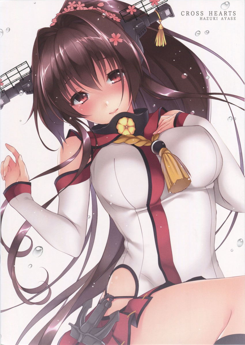 1girl absurdres anchor artist_name ayase_hazuki bangs bare_shoulders black_legwear blush breasts brown_hair cherry_blossoms closed_mouth flower hair_flower hair_ornament hand_on_own_chest hands_up headgear highres kantai_collection large_breasts long_hair looking_at_viewer lying miniskirt on_back pleated_skirt ponytail red_eyes red_skirt scan shiny shiny_hair shiny_skin skirt smile solo tears thighhighs very_long_hair water water_drop yamato_(kantai_collection)