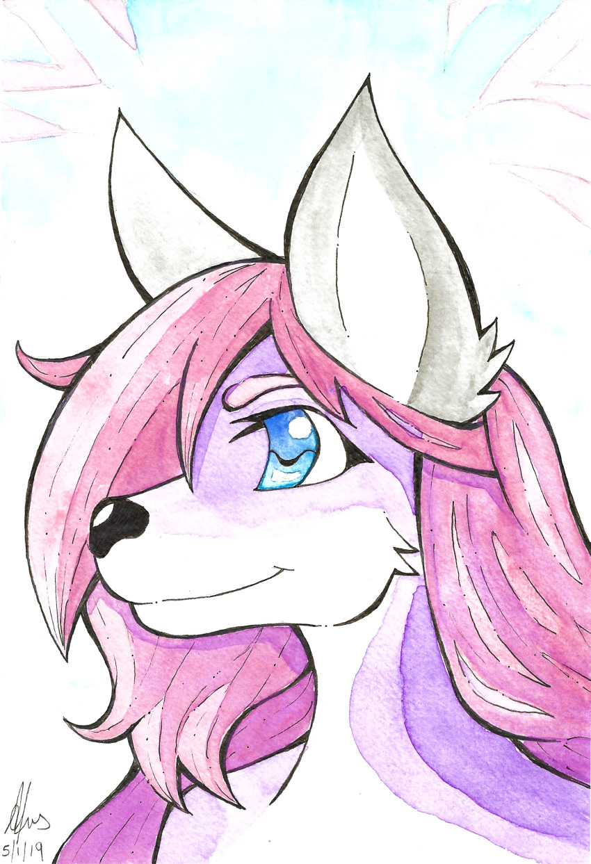 2019 absurd_res anthro canid canine canis female fox fur gynomorph hair hi_res intersex long_hair mammal mistress mistress_sherrie multicolored_fur painting_(artwork) portrait prick_ears scanned simple_background smile solo text traditional_media_(artwork) watercolor_(artwork) white_background