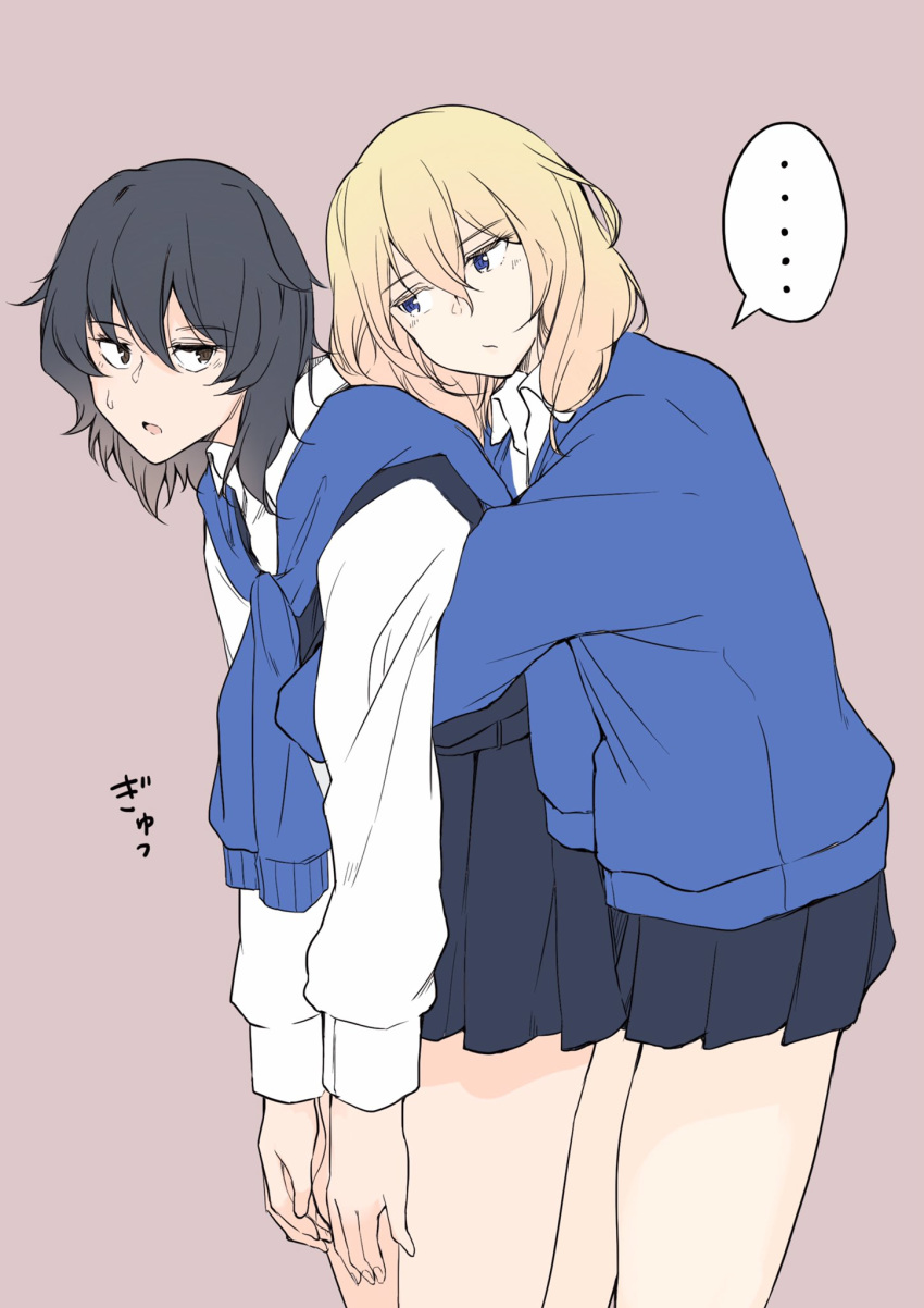 ... 2girls andou_(girls_und_panzer) bangs bc_freedom_school_uniform black_hair blonde_hair blue_eyes brown_eyes dark_skin from_behind girls_und_panzer highres hug hug_from_behind kitaminami leaning_forward long_sleeves looking_at_another looking_back medium_hair messy_hair multiple_girls open_mouth oshida_(girls_und_panzer) pink_background school_uniform simple_background skirt sweatdrop sweater sweater_around_neck thighs vest