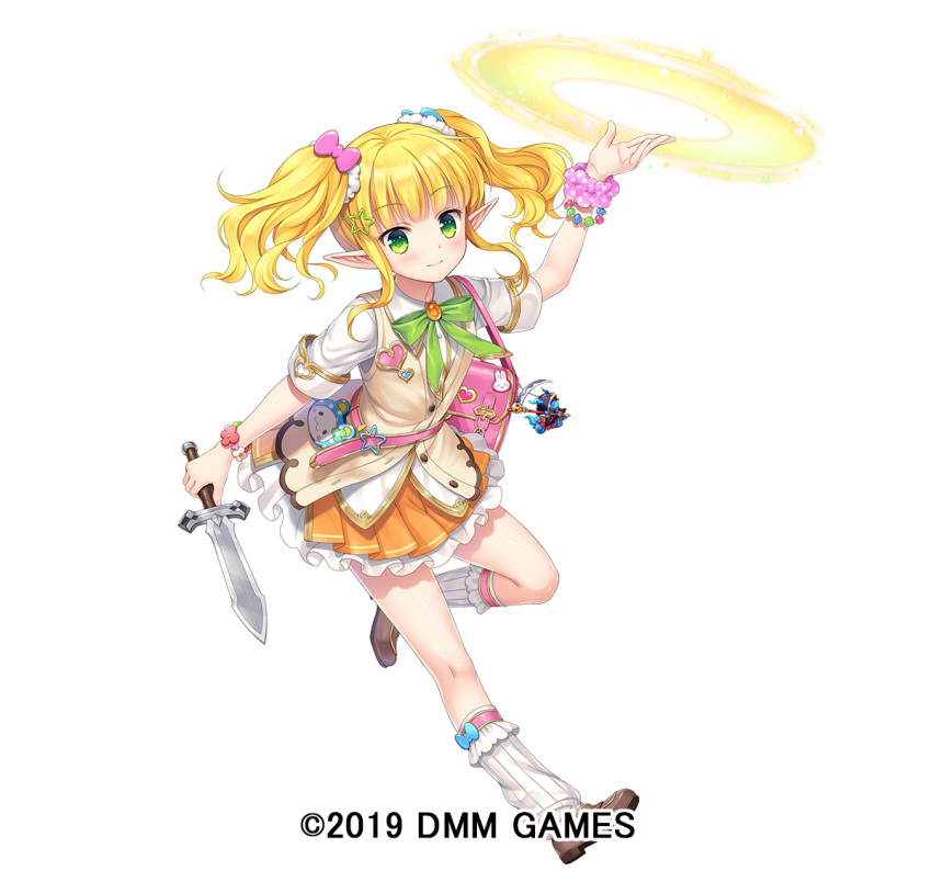 1girl arm_up bag bangs blonde_hair blue_bow blush bow brooch brown_footwear brown_jacket character_request closed_mouth collared_shirt commentary_request eyebrows_visible_through_hair full_body gemini_seed green_bow green_eyes hagino_kouta hair_bow holding holding_sword holding_weapon jacket jewelry kneehighs loafers official_art orange_skirt pink_bow pink_scrunchie pleated_skirt pointy_ears polka_dot polka_dot_scrunchie ribbed_legwear scrunchie shirt shoes short_sleeves short_sword shoulder_bag sidelocks simple_background skirt sleeveless_jacket smile solo sword twintails watermark weapon white_background white_legwear white_shirt wrist_scrunchie