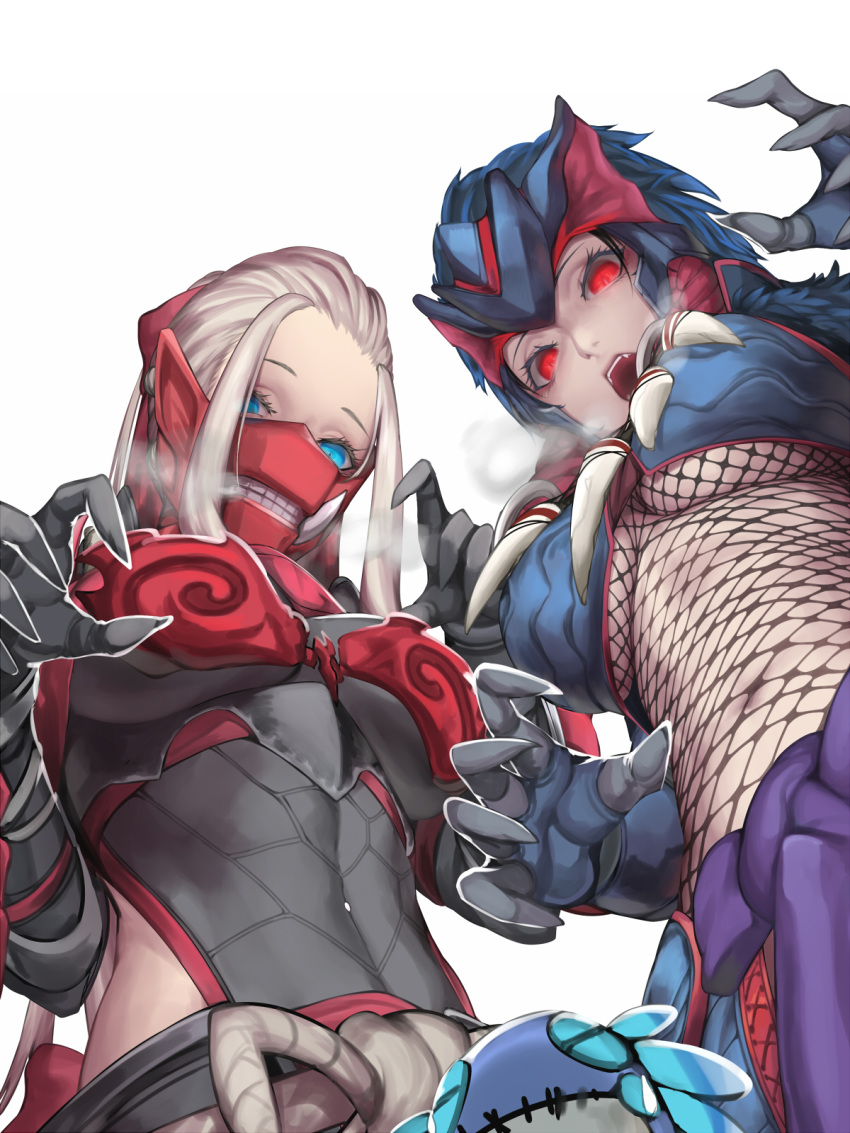 1other 2girls black_leotard blue_eyes blue_hair bodysuit breastplate breasts character_doll claw_pose covered_face eyelashes fang fishnet_bodysuit fishnets forehead_protector from_below heavy_breathing highres kumiko_shiba large_breasts leotard looking_at_viewer looking_down mask monster_hunter monster_hunter:_world multiple_girls nargacuga_(armor) navel odogaron_(armor) open_mouth platinum_blonde_hair red_eyes sleeveless tusks underboob white_background wiggler_helm_(armor)