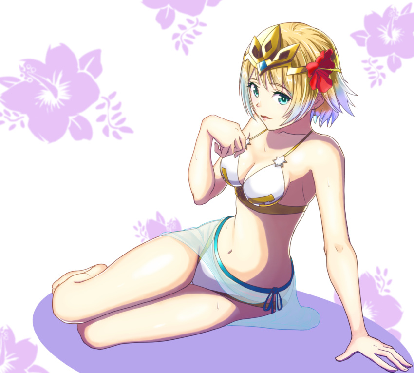 1girl alternate_costume armpits bare_legs barefoot bikini blonde_hair breasts cleavage earrings eyebrows_visible_through_hair fire_emblem fire_emblem_heroes fjorm_(fire_emblem_heroes) floral_background full_body gzo1206 jewelry legs_together looking_at_viewer midriff multicolored_hair navel sarong see-through silver_hair sitting solo sweat swimsuit two-tone_hair white_bikini
