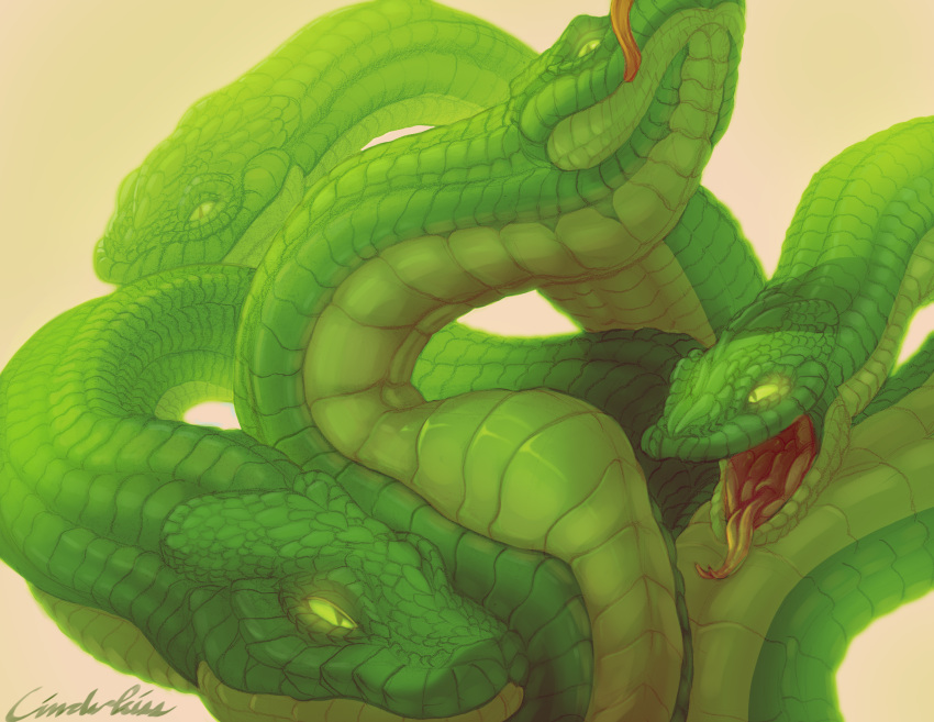 feral green_eyes green_scales hi_res hydra open_mouth sajik scales simple_background solo tongue vore