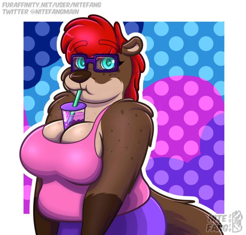 anthro beverage big_breasts breast_squish breasts brown_fur bubble_tea cleavage clothed clothing eyewear female freckles fur glasses hair hands-free_bubble_tea hi_res looking_at_viewer lutrine mammal meme mustelid nitefang red_hair roxanne_(nitefang) shirt slightly_chubby squish tank_top topwear