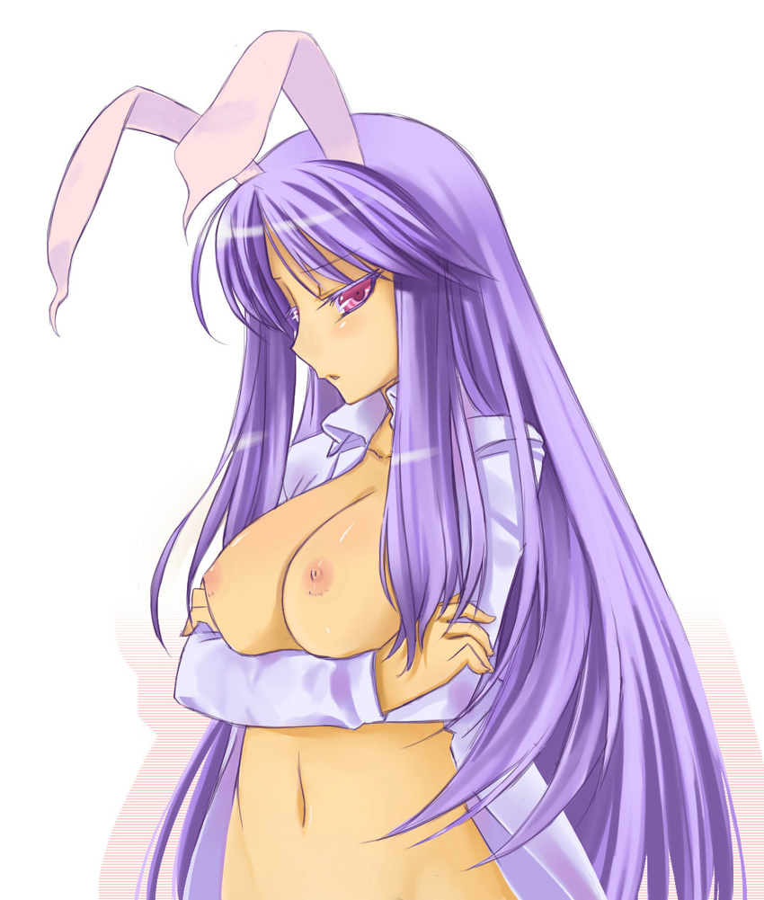 animal_ears bad_id bad_pixiv_id blush breast_hold breasts bunny_ears chiha_(abo_ecm_mk25) colored_eyelashes crossed_arms eyelashes highres huge_breasts long_hair navel nipples open_clothes open_shirt pink_eyes purple_hair red_eyes reisen_udongein_inaba shirt simple_background solo standing touhou