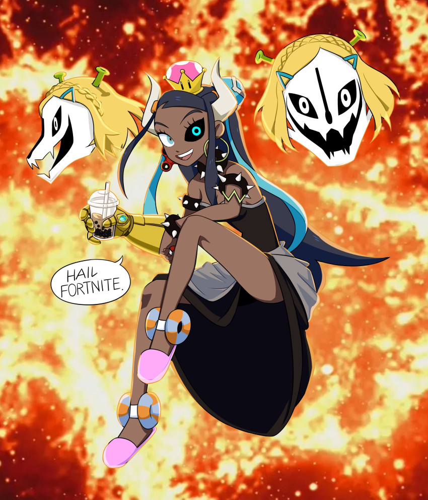 1girl absurdres antennae armlet avengers avengers:_infinity_war backlighting bare_shoulders black_dress black_sclera blonde_hair blue_eyes blue_hair bowsette bowsette_(cosplay) bracelet braid breasts bubble_tea cosplay crown cup dark_skin diamond_(gemstone) dress drink drinking_straw earrings english_text fidget_spinner fire fortnite french_braid full_body gauntlets gym_leader hair_ornament hairclip happy heterochromia highres holding holding_poke_ball hoop_earrings horns infinity_gauntlet invisible_chair jewelry jpeg_artifacts leg_up long_hair looking_at_viewer meme minecraft mismatched_earrings multicolored_hair open_mouth pink_footwear pink_headwear poke_ball poke_ball_(generic) pokemon pokemon_(game) pokemon_swsh princess_zelda princess_zelda_(cosplay) red_background runningpigeon73 rurina_(pokemon) sans shiny shiny_hair short_hair shrek_(series) single_gauntlet sitting skull slippers small_breasts smile solo_focus speech_bubble spiked_bracelet spikes strapless strapless_dress super_crown symbol_commentary talking teeth the_legend_of_zelda the_legend_of_zelda:_breath_of_the_wild tied_hair two-tone_hair undertale very_long_hair white_eyes