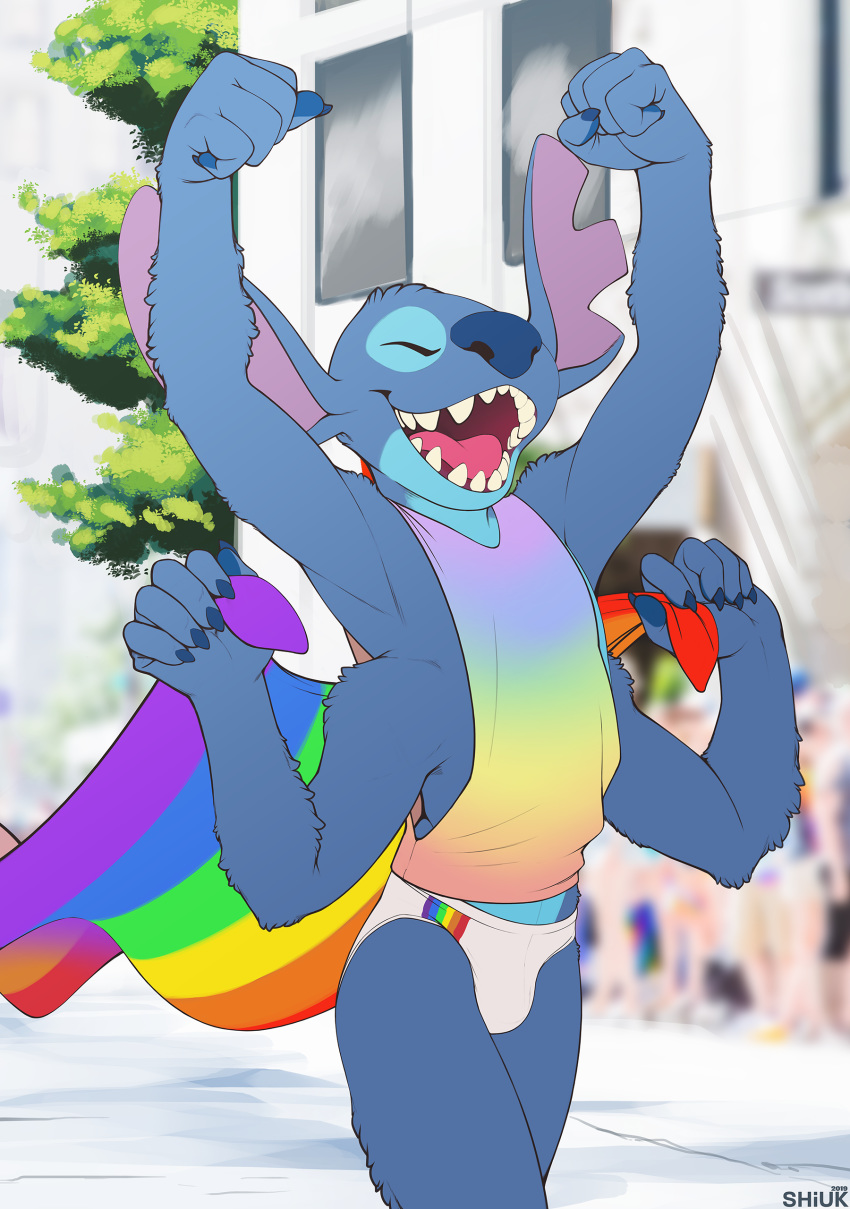 2019 4_arms 5_fingers 6/26 absurd_res alien anthro anthrofied blue_claws blue_fur blue_nose briefs claws clothed clothing disney experiment_(species) eyes_closed fur hi_res lgbt_history_month lgbt_pride lilo_and_stitch male multi_arm multi_limb multicolored_clothing multicolored_shirt multicolored_topwear notched_ear open_mouth open_smile outside pink_tongue pride_colors rainbow_clothing rainbow_flag rainbow_flag_(pride) rainbow_shirt rainbow_symbol rainbow_topwear raised_arm shirt shiuk sleeveless_shirt smile solo stitch tongue topwear underwear white_clothing