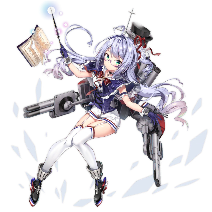 1girl azur_lane bangs baton_(instrument) blush cannon capelet closed_mouth eyebrows_visible_through_hair floating_hair frilled_gloves frills full_body garter_straps glasses gloves green_eyes hair_ribbon high_heels highres holding l'opiniatre_(azur_lane) long_hair miniskirt official_art one_side_up purple-framed_eyewear purple_gloves purple_hair red_ribbon ribbon rigging riichu rudder_footwear semi-rimless_eyewear sidelocks skirt sleeveless solo thighhighs torpedo_launcher transparent_background very_long_hair white_legwear white_skirt