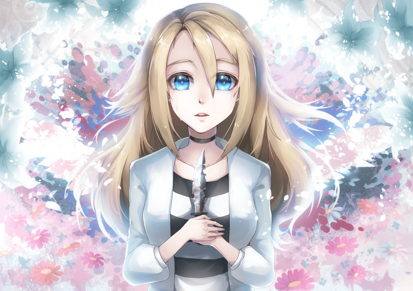 1girl blonde_hair blue_eyes choker collarbone floating_hair hair_between_eyes highres holding holding_knife jacket knife long_hair long_sleeves looking_at_viewer open_clothes open_jacket open_mouth rachel_gardner raymond_busujima satsuriku_no_tenshi shiny shiny_hair shirt solo striped striped_shirt upper_body white_jacket