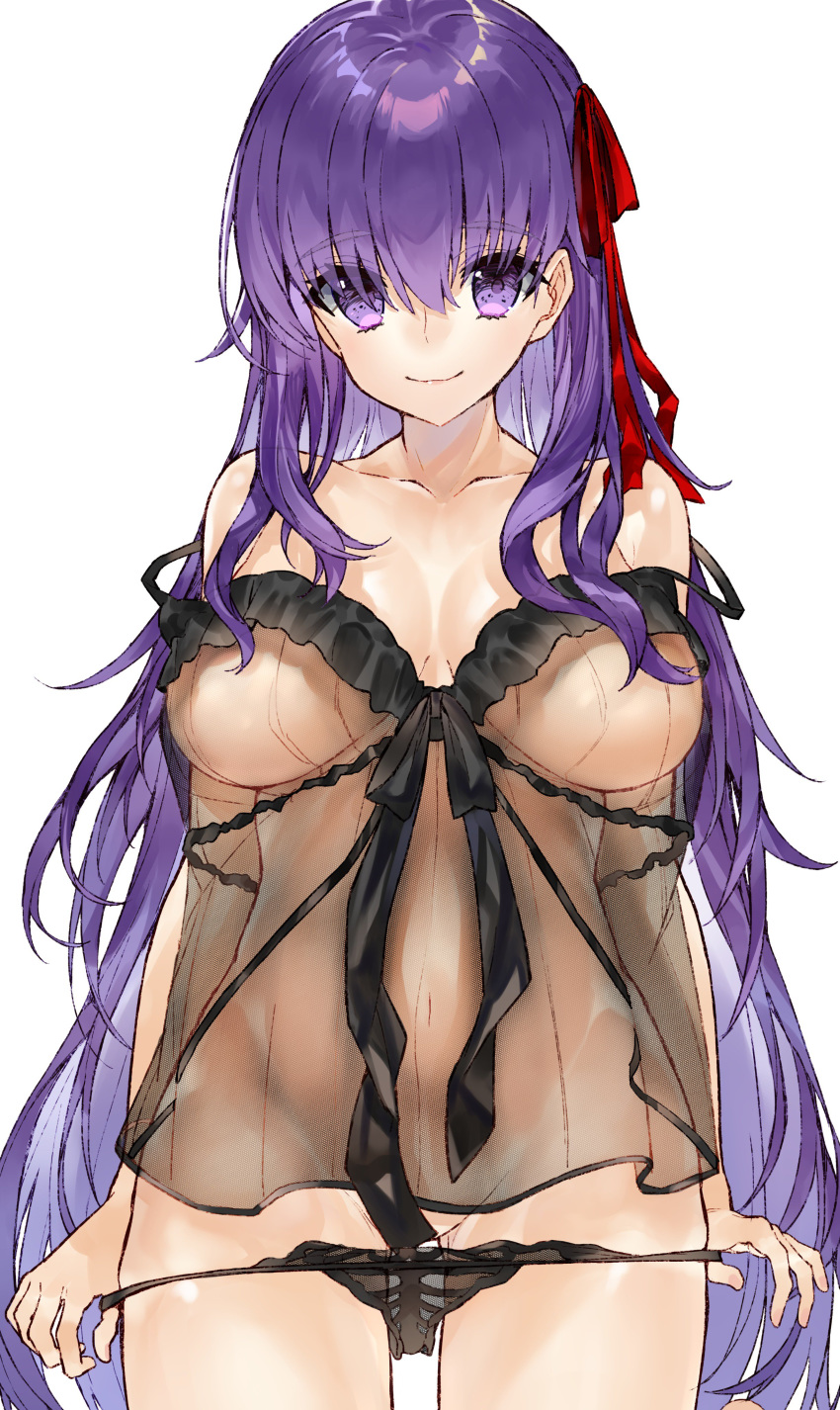 1girl absurdres babydoll bangs bare_shoulders bb_(fate)_(all) bb_(fate/extra_ccc) black_panties blush breasts closed_mouth fate/extra fate/extra_ccc fate_(series) hair_between_eyes hair_ribbon highres kou_mashiro large_breasts lingerie long_hair looking_at_viewer navel panties panty_pull purple_eyes purple_hair red_ribbon ribbon simple_background smile solo thighs underwear very_long_hair white_background