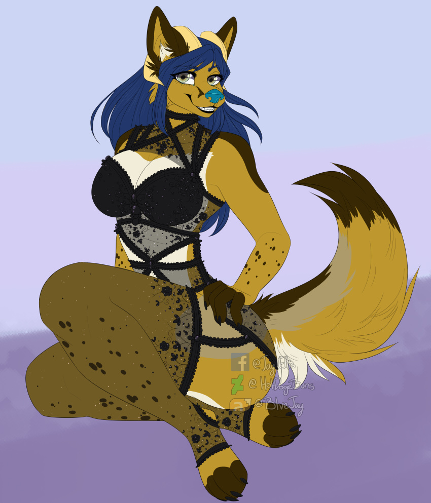 2019 4_toes 5_fingers absurd_res anthro blvejay breasts canid canine canis clothed clothing coyote detailed digital_media_(artwork) female hair hi_res horn lingerie long_hair looking_at_viewer mammal pinup pose smile solo toes
