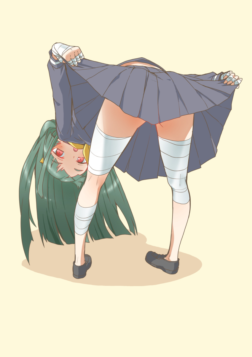 1girl bandaged_fingers bandaged_hands bandaged_leg bandages bangs bent_over blue_serafuku blue_skirt blunt_bangs blunt_ends blush eyebrows_visible_through_hair from_behind full_body green_hair highres holding horns kami_nomi_zo_shiru_sekai lifted_by_self loafers long_hair long_sleeves looking_at_viewer looking_back lune_(kaminomi) neckerchief no_socks open_mouth pleated_skirt red_eyes school_uniform serafuku shiny shiny_hair shoes simple_background skirt skirt_lift solo standing thighs yellow_background yellow_neckwear yuto_(dialique)