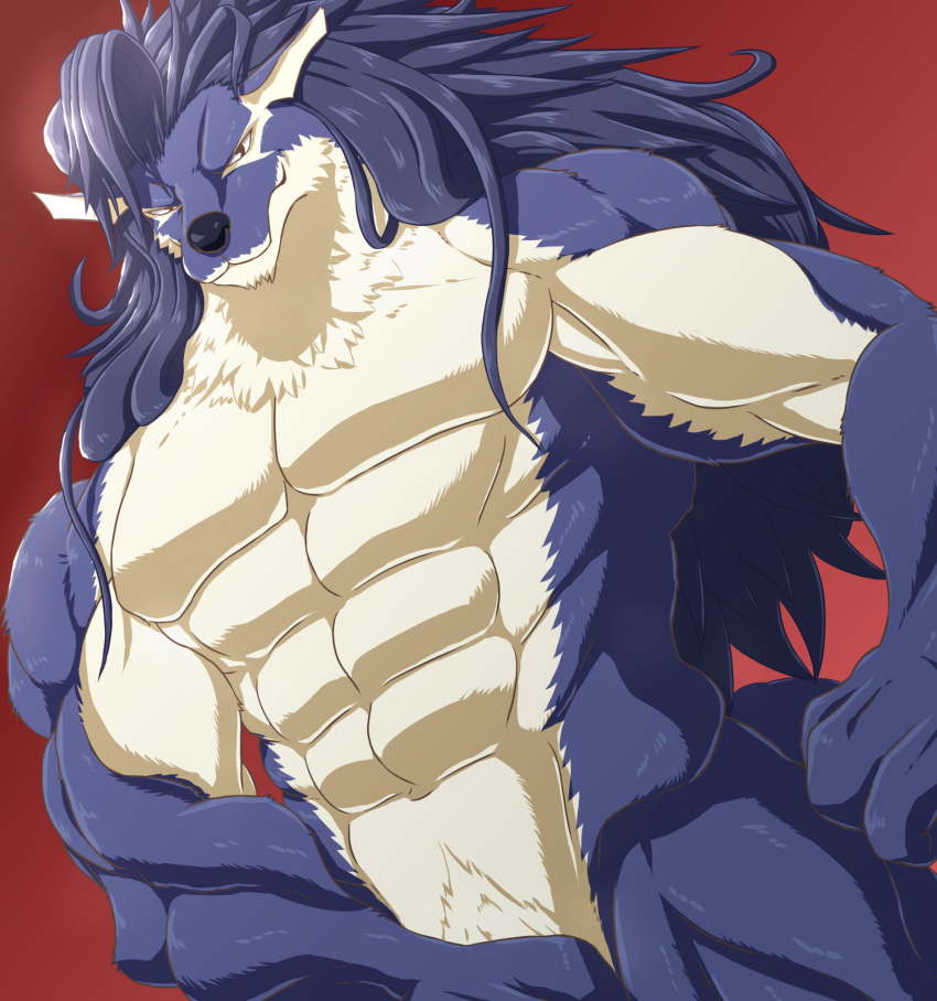 abs biceps black_eyes black_nose blue_fur broken_(artist) canid canine canis covering covering_crotch duga fur fur_tuft hair hi_res looking_at_viewer male mammal muscular muscular_male nude pecs shining_(series) shining_force_exa solo tan_fur tuft video_games wolf