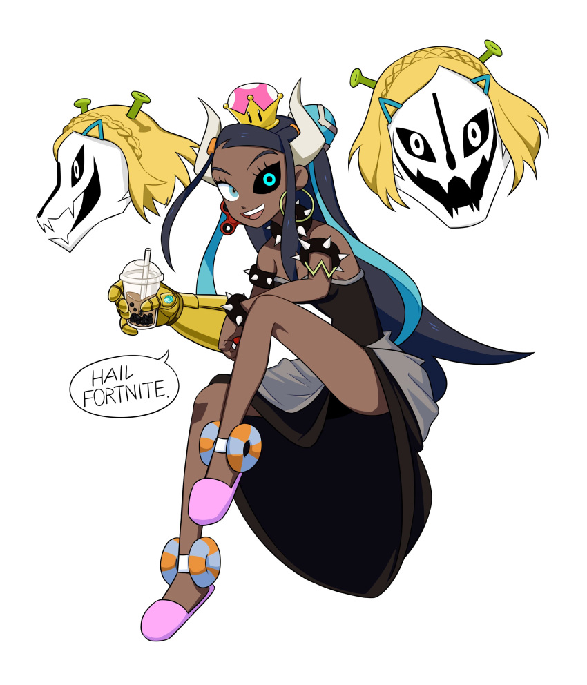 1girl absurdres antennae armlet avengers avengers:_infinity_war bare_shoulders black_dress black_sclera blonde_hair blue_eyes blue_hair bowsette bowsette_(cosplay) bracelet braid breasts bubble_tea cosplay crown cup dark_skin diamond_(gemstone) dress drink drinking_straw earrings english_commentary english_text fidget_spinner fortnite french_braid gauntlets gym_leader hair_ornament hairclip happy heterochromia highres holding holding_poke_ball hoop_earrings horns infinity_gauntlet invisible_chair jewelry jpeg_artifacts leg_up long_hair looking_at_viewer meme minecraft mismatched_earrings multicolored_hair open_mouth pink_footwear pink_headwear poke_ball poke_ball_(generic) pokemon pokemon_(game) pokemon_swsh princess_zelda princess_zelda_(cosplay) runningpigeon73 rurina_(pokemon) sans shiny shiny_hair short_hair shrek_(series) simple_background single_gauntlet sitting skull slippers small_breasts smile solo_focus speech_bubble spiked_bracelet spikes strapless strapless_dress super_crown talking teeth the_legend_of_zelda the_legend_of_zelda:_breath_of_the_wild tied_hair two-tone_hair undertale very_long_hair white_background white_eyes