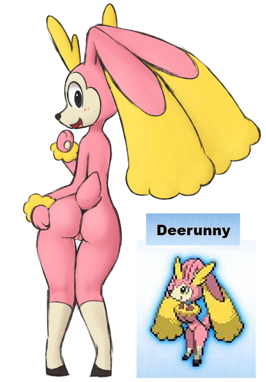 blush butt cervid deerling female fur hi_res hybrid lagomorph looking_back lopunny mammal maypul_syrup nintendo nude open_mouth pok&eacute;mon pok&eacute;mon_(species) pussy simple_background solo spring_deerling video_games