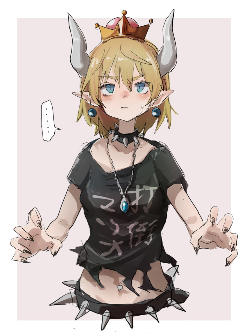 ... 1girl beige_background black_nails black_shirt blonde_hair blue_earrings blue_eyes bowsette claw_pose collar collarbone commentary_request earrings fingernails frown highres horns jewelry mario_(series) navel navel_piercing new_super_mario_bros._u_deluxe piercing pointy_ears punk sharp_fingernails shirt short_hair simple_background sketch solo speech_bubble spiked_belt spiked_collar spikes spoken_ellipsis super_crown sweatdrop t-shirt tabao torn_clothes torn_shirt upper_body