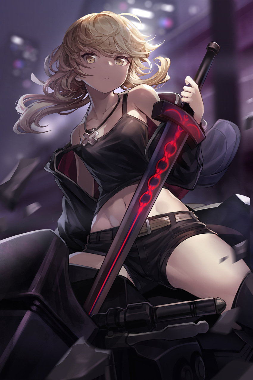 1girl artoria_pendragon_(all) bangs bare_shoulders black_footwear black_jacket black_shorts black_tank_top blonde_hair blurry blurry_background boots breasts city closed_mouth collarbone dark_excalibur expressionless eyebrows_visible_through_hair fate/grand_order fate/stay_night fate_(series) floating_hair goomrrat groin ground_vehicle hair_ribbon highres jacket jewelry long_hair looking_at_viewer low_ponytail medium_breasts midriff motor_vehicle motorcycle navel necklace night off_shoulder ribbon riding saber_alter short_shorts shorts sidelocks solo sword thigh_boots thighhighs weapon wind yellow_eyes