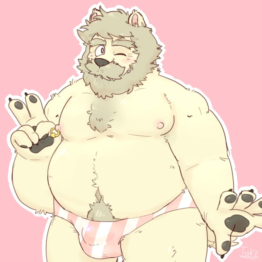 1:1 2019 anthro belly blush bulge clothing felid hi_res lion male mammal moobs nipples one_eye_closed overweight overweight_male pantherine pink_background simple_background solo taki_takoyakis underwear wink