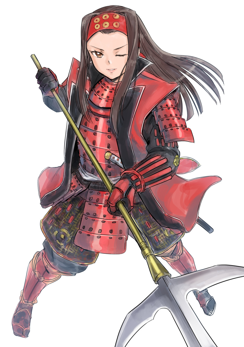 1girl absurdres armor brown_eyes brown_hair coat gauntlets girls_und_panzer gloves greaves headband highres hisaki holding holding_weapon japanese_armor japanese_clothes katana kote kusazuri long_hair looking_at_viewer one_eye_closed parted_lips polearm red_coat red_footwear red_gloves red_headband saemonza samurai shoulder_armor smile sode solo spear standing sword weapon