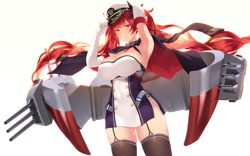 1girl adjusting_clothes adjusting_hat armpits arms_up ass_visible_through_thighs azur_lane bangs black_legwear black_ribbon blush breasts buttons cait cleavage closed_mouth elbow_gloves eyebrows_visible_through_hair garter_straps gloves hair_ribbon hat highres honolulu_(azur_lane) large_breasts lips long_hair looking_at_viewer red_eyes red_hair ribbon simple_background solo standing thighhighs twintails white_background white_gloves white_headwear zettai_ryouiki
