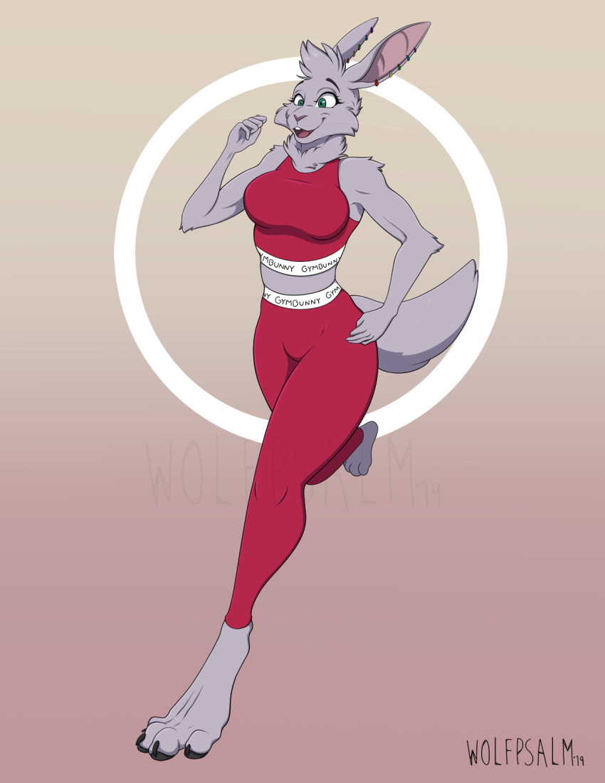 2019 anthro barefoot biped bottomwear breasts canid canine canis clothed clothing digital_media_(artwork) ear_piercing female fully_clothed fur green_eyes grey_fur head_tuft hi_res hybrid jogging kyreeanansi lagomorph leporid mammal midriff open_mouth open_smile pants piercing rabbit running shirt signature simple_background sleeveless smile solo teeth topwear wolf wolfpsalm