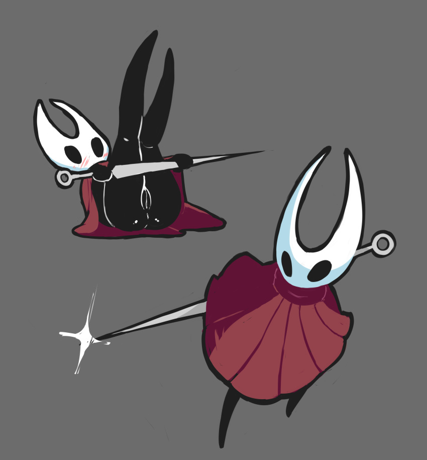 absurd_res arthropod black_skin blush butt cloak clothing female hi_res hollow_knight hornet_(hollow_knight) insect lying needle notepaddy pussy silksong simple_background solo video_games weapon