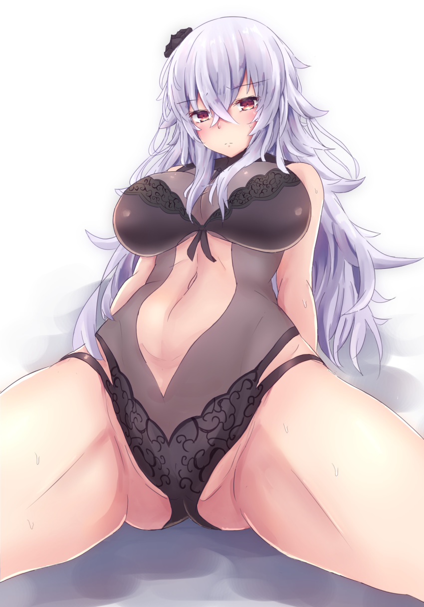 1girl alternate_costume ass_visible_through_thighs azur_lane black_swimsuit blush breasts cleavage eyebrows_visible_through_hair flower graf_zeppelin_(azur_lane) graf_zeppelin_(beachside_urd)_(azur_lane) hair_between_eyes hair_flower hair_ornament highres large_breasts long_hair looking_at_viewer midriff midriff_cutout navel one-piece_swimsuit red_eyes silver_hair simple_background sitting solo spread_legs swimsuit wavy_hair wet white_background yu-kinouhasu