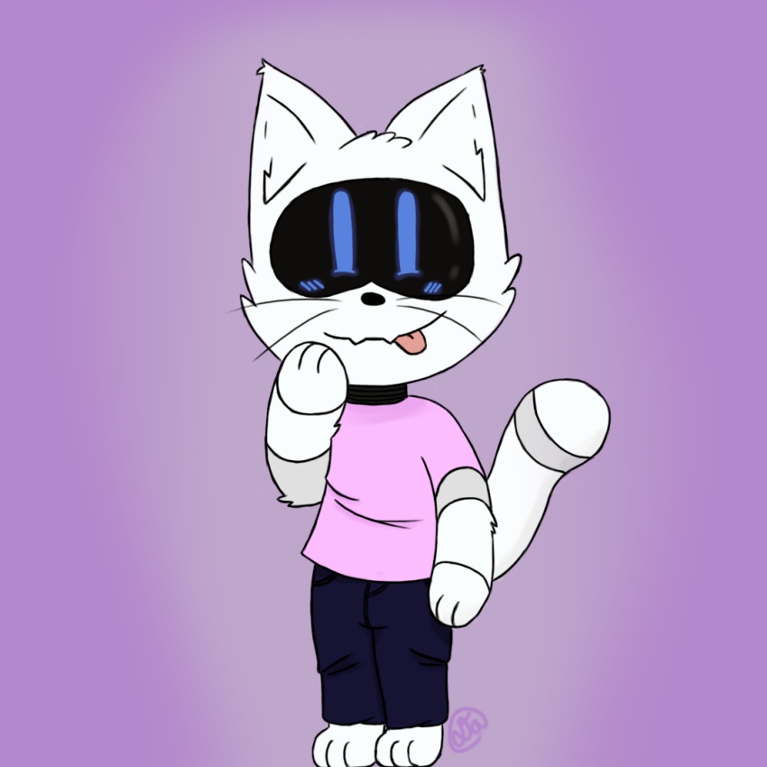 &lt;3 1:1 2019 blue_eyes bottomwear clothing digital_drawing_(artwork) digital_media_(artwork) felid feline fluffy full-length_portrait fur glowing glowing_eyes head_tuft jeans lcd looking_at_veiwer machine male mammal pants pink_clothing pink_shirt pink_topwear portrait robot screen shirt simple_background solo standing tongue tongue_out topwear trusty_the_cat trustythecat tuft visor whiskers white_fur white_tail