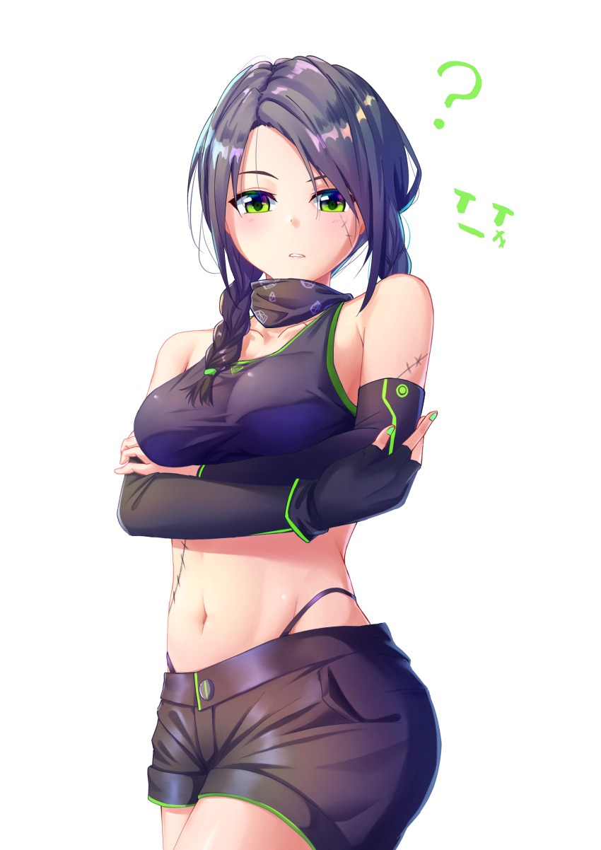 1girl ? absurdres bandana black_gloves black_hair braid breasts cleavage collarbone commentary_request crop_top crossed_arms detached_sleeves emoticon fingerless_gloves girls_frontline gloves green_eyes green_nails green_trim highleg highleg_panties highres jitome long_hair mac-10_(girls_frontline) nail_polish panties parted_lips shirt short_shorts short_twintails shorts shun'ya_(daisharin36) simple_background solo stitches taut_clothes taut_shirt twin_braids twintails underwear white_background