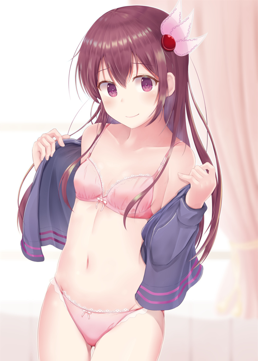 1girl ass_visible_through_thighs bangs bare_shoulders blush bow bow_bra bow_panties bra breasts brown_hair closed_mouth collarbone commentary_request curtains eyebrows_visible_through_hair frills hair_between_eyes hair_ornament highres holding indoors jacket kantai_collection kisaragi_(kantai_collection) lace lace-trimmed_bra lace-trimmed_panties long_hair looking_at_viewer minakami_mimimi navel panties pink_bra pink_panties purple_eyes remodel_(kantai_collection) school_uniform small_breasts smile solo standing underwear undressing