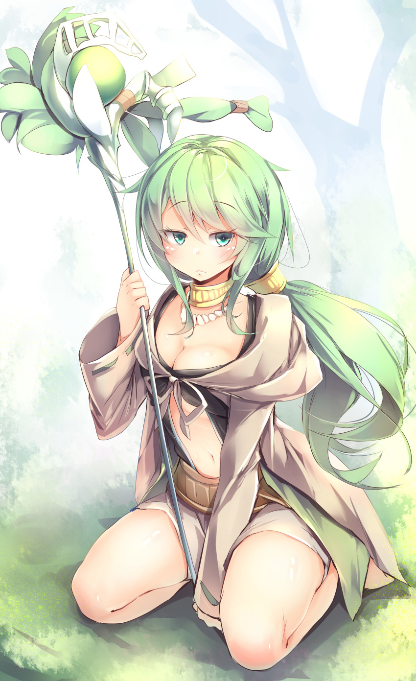 1girl :&lt; absurdres aqua_eyes bangs bare_legs between_legs breasts caam_serenity_of_gusto center_opening cleavage commentary duel_monster eyebrows_visible_through_hair full_body green_hair hand_between_legs highres holding holding_staff kanzakietc large_breasts long_hair looking_at_viewer navel necktie ponytail shorts sitting solo staff wide_sleeves yuu-gi-ou