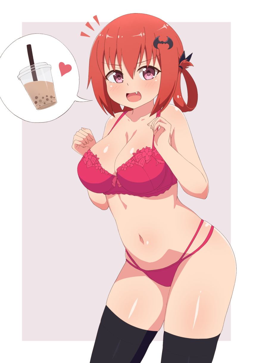 1girl bangs bat_hair_ornament black_legwear blush bow bow_bra bra breasts bubble_tea bubble_tea_challenge cleavage collarbone cup disposable_cup drinking_straw eyebrows_visible_through_hair fang gabriel_dropout hair_between_eyes hair_ornament hair_rings hands_up heart highres kurumizawa_satanichia_mcdowell large_breasts lavender_background looking_at_viewer navel nyaroon open_mouth pink_bra purple_eyes red_hair shiny shiny_hair shiny_skin smile solo spoken_food spoken_heart standing thighhighs thighs tongue two-tone_background underwear underwear_only white_background