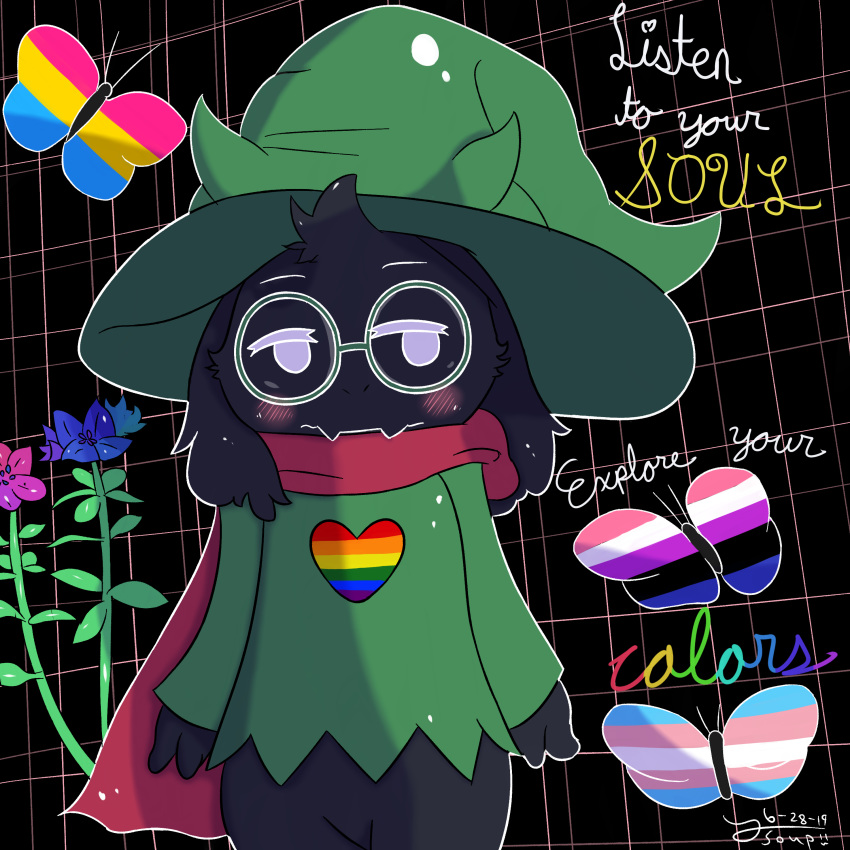 &lt;3 1:1 2019 absurd_res ambiguous_gender anthro arthropod black_fur blush bottomless bovid butterfly caprine chibi clothed clothing deltarune digital_media_(artwork) english_text eyewear fangs floppy_ears flower fluffy fur glasses goat hat headgear headwear hi_res horn insect inside lepidopteran lgbt_pride looking_at_viewer mammal nonbinary_pride_colors pansexual_pride_colors plant portrait pride_colors ralsei robe safe scarf solo standing text toony transgender_pride_colors tsoup tuft video_games witch_hat