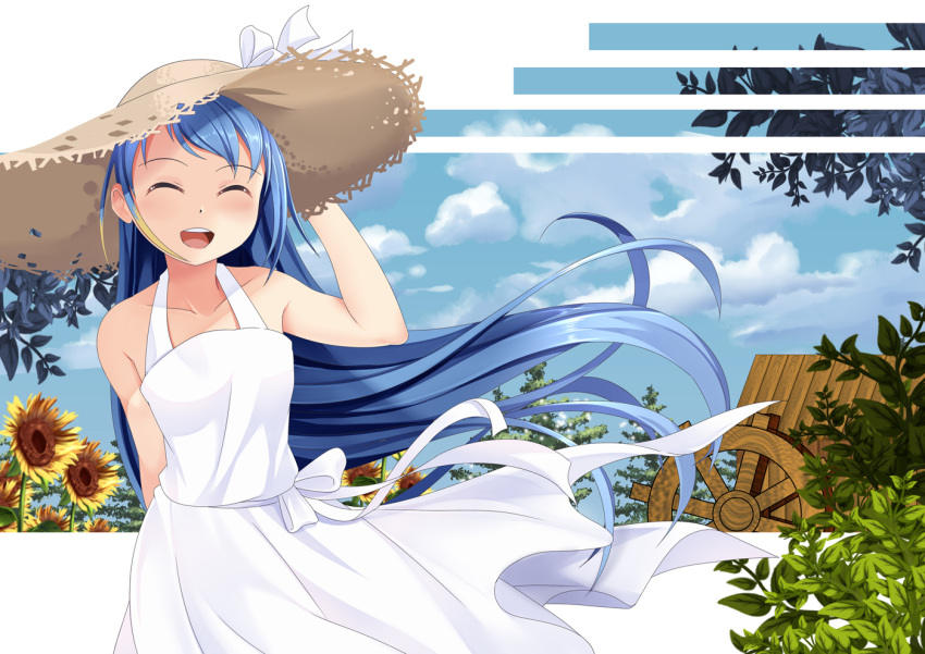 1girl :d ^_^ arm_behind_back bangs bare_arms bare_shoulders blonde_hair blue_hair blue_sky closed_eyes cloud cloudy_sky collarbone commentary day dress facing_viewer flower hand_on_headwear hat hat_ribbon kantai_collection leaf long_hair multicolored_hair open_mouth outdoors plant ribbon samidare_(kantai_collection) sidelocks sky sleeveless sleeveless_dress smile solo straw_hat streaked_hair sun_hat sundress sunflower swept_bangs two-tone_hair upper_teeth very_long_hair watermill white_dress white_ribbon yasume_yukito