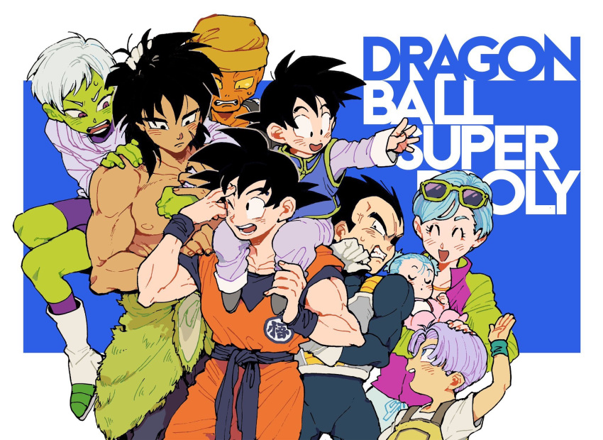 3girls 6+boys ;d ^_^ anger_vein annoyed armor baby black_eyes black_hair blue_background blue_eyes blush boots bra_(dragon_ball) broly_(dragon_ball_super) brother_and_sister bulma carrying cheelai closed_eyes clothes_around_waist copyright_name dark_skin dark_skinned_male dougi dragon_ball dragon_ball_super_broly expressionless eyewear_on_head facial_scar father_and_son fingernails green_skin grey_hair gutstemple hand_on_another's_head hand_on_another's_shoulder hand_to_forehead hand_up happy hat highres holding holding_baby jacket lemo_(dragon_ball) looking_at_another mother_and_daughter mother_and_son multiple_boys multiple_girls nipples one_eye_closed open_mouth orange_skin outstretched_arm overalls purple_eyes purple_hair purple_legwear scar scar_on_cheek shirt shirtless short_hair shoulder_carry siblings simple_background sleeping smile son_gokuu son_goten spiked_hair sunglasses sweatdrop teeth trunks_(dragon_ball) twintails two-tone_jacket v-shaped_eyebrows vegeta very_short_hair white_background white_footwear white_shirt wristband