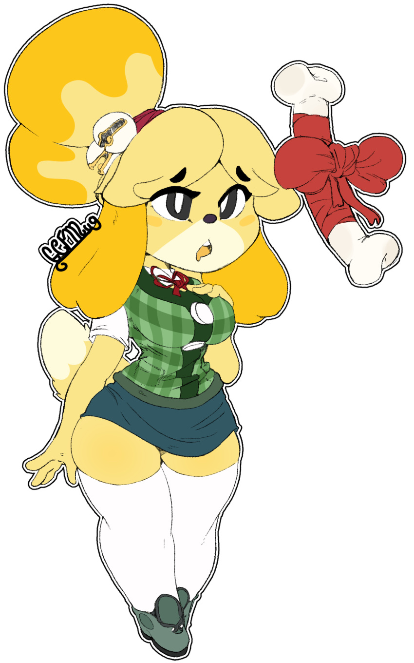 2019 alpha_channel animal_crossing anthro big_breasts blouse bone bottomwear breasts canid canine canis clothed clothing digital_media_(artwork) domestic_dog female footwear fur gcfmug hair hi_res isabelle_(animal_crossing) legwear mammal nintendo open_mouth ribbons shih_tzu shoes simple_background skirt solo thick_thighs thigh_highs toy_dog transparent_background video_games wide_hips yellow_fur
