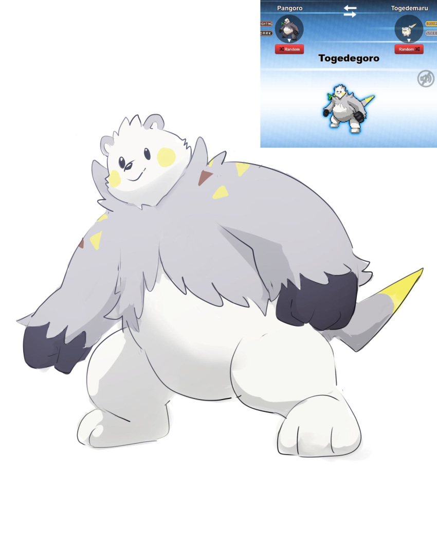 2019 anthro belly cute_fangs fak&eacute;mon fur hi_res hybrid male nintendo o-ro overweight overweight_male pangoro pok&eacute;mon pok&eacute;mon_(species) togedemaru video_games white_fur