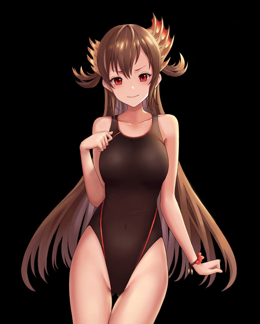 1girl ass_visible_through_thighs black_background black_swimsuit brown_hair collarbone competition_swimsuit cowboy_shot flat_chest galmieux_omen_of_disdain hair_ornament highres long_hair looking_at_viewer one-piece_swimsuit red_eyes shadowverse simple_background solo standing swimsuit thigh_gap tsurime yoyuki