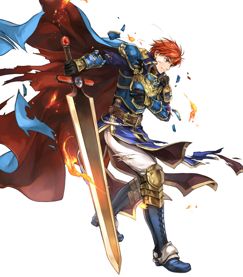 1boy arm_guards armor armored_boots belt black_gloves blue_armor blue_cape blue_eyes boots broken_armor cape circlet closed_mouth durandal_(fire_emblem) eliwood_(fire_emblem) eliwood_(fire_emblem)_(blazing_knight) fire fire_emblem fire_emblem:_the_blazing_blade fire_emblem_heroes full_body gloves highres holding holding_sword holding_weapon jewelry long_sleeves male_focus official_art pants red_cape red_hair scar short_hair shoulder_armor solo sword torn_cape torn_clothes transparent_background wada_sachiko weapon white_pants